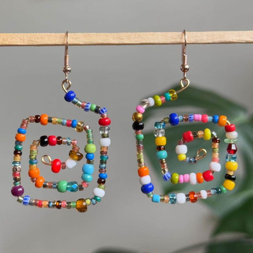 Handmade colorful beaded square spiral earrings
